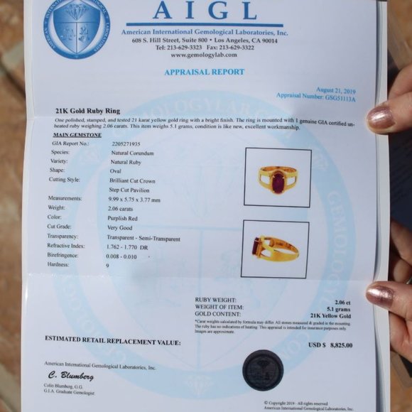 GIA Tajik Ruby 2.06ct Solid 21K Yellow Gold Ring - Picture 8 of 9